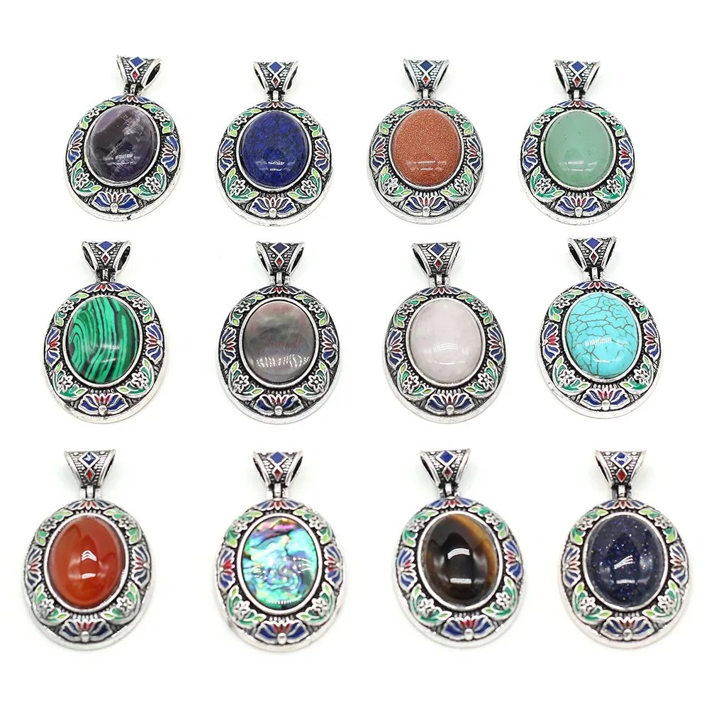 

Natural Stone Pendants Oval Agates Rose Quartzs Lapis Lazuli Turquoises Opal Aventurine Stone Charms for Jewelry Making Necklace