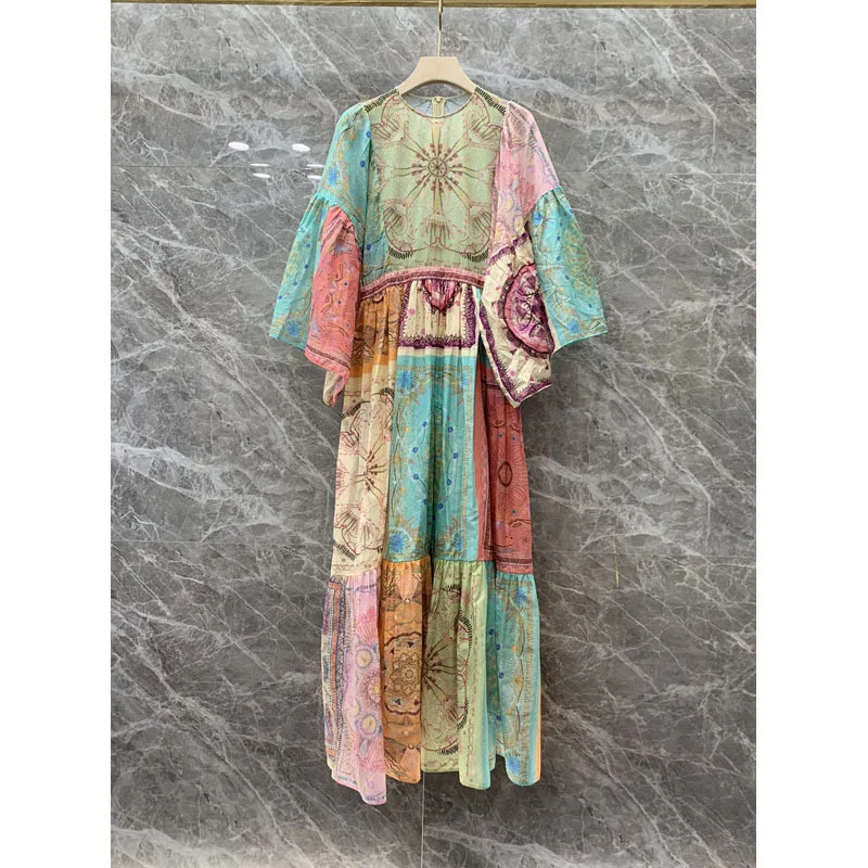 High Quality Spring Palce Style Round Neck Flared Sleeves Color Print Stitching Contrast Color Elegant Large Swing Dress Women
High Quality Spring Palce Style Round Neck Flared Sleeves Color Print Stitching Contrast Color Elegant Large Swing Dress Women