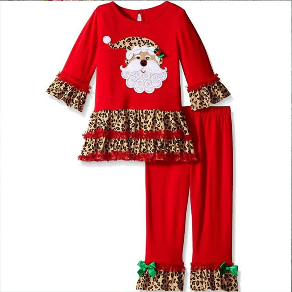 Children girl suit long sleeve round collar Santa Claus head top + leopard pants
Children girl suit long sleeve round collar Santa Claus head top + leopard pants