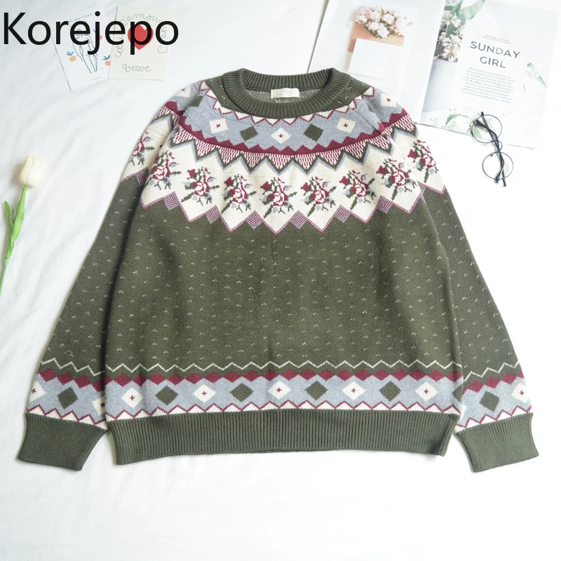 Korejepo Women Sweater 2021 Autumn New Japanese Retro Nordic Style Jacquard Loose Thick Pullover Sweater Girls Wear Knitwear Top
Korejepo Women Sweater 2021 Autumn New Japanese Retro Nordic Style Jacquard Loose Thick Pullover Sweater Girls Wear Knitwear Top