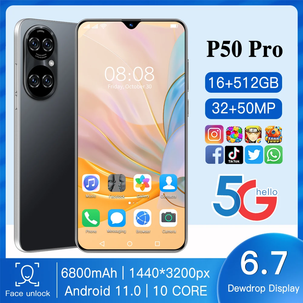 P50pro 6.7Inch Smartphone 6800mAh Android11 32MP+50MP HD Camera Face Wake 16+512GB Dual SIM 5G Global Version Network CellPhone
P50pro 6.7Inch Smartphone 6800mAh Android11 32MP+50MP HD Camera Face Wake 16+512GB Dual SIM 5G Global Version Network CellPhone