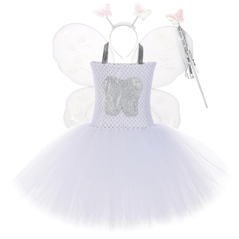 

White Tooth Fairy Tutu Dress Outfit for Girls Princess Angel Wings Dresses Birthday Halloween Costume for Kids Toddler Tutus Set