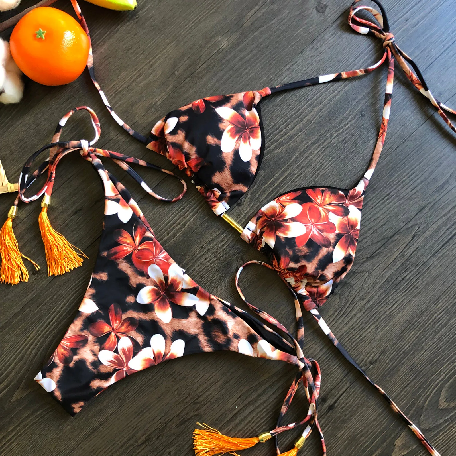 

TELOTUNY Women's swimsuits 2021 Sexy Women Bandeau Bandage Bikini Set Flower Print Push-Up Brazilian Swimwear Beachwear Biquini