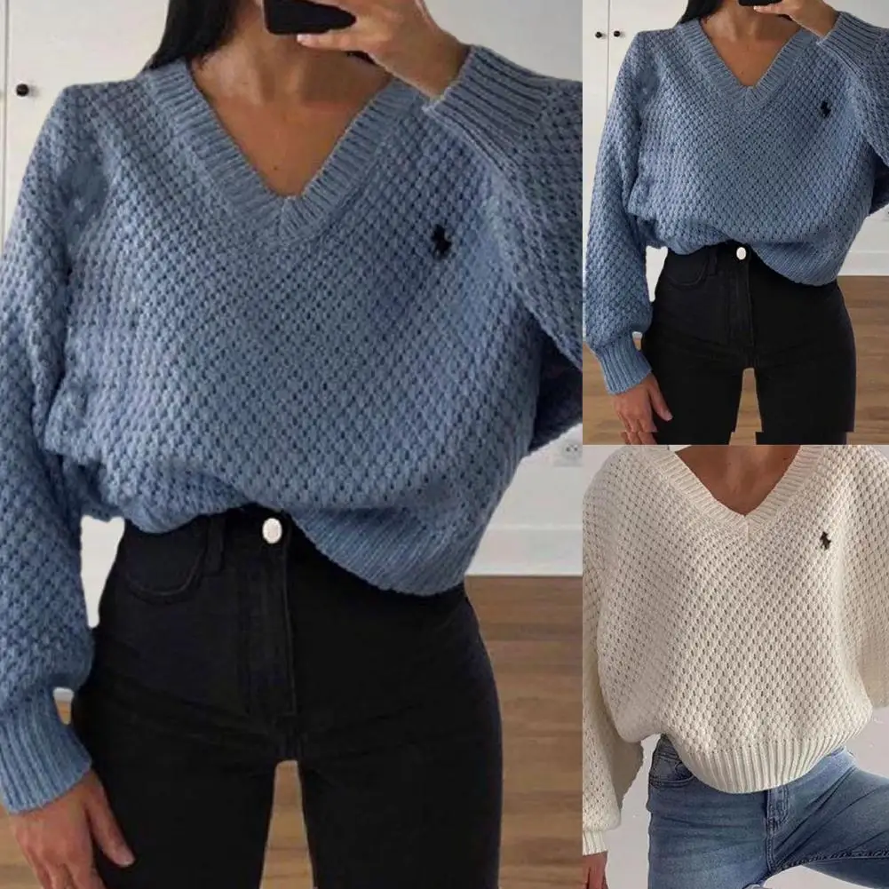 

Trendy Knitted Pullover Ribbed Cuffs Comfy Short Type V-Neck Women Sweater Knitted Sweater Knitwear