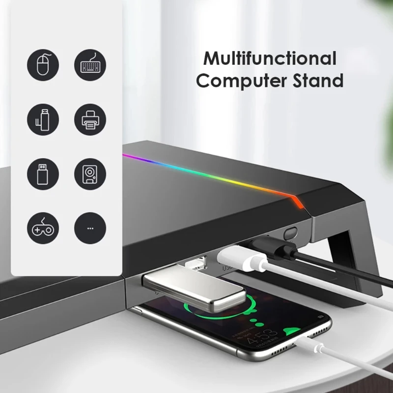 T1 Universal Monitor Stand Riser RGB Support with 4 USB2.0 Charging Desk Organizer Holder Bracket for Laptop Computer
T1 Universal Monitor Stand Riser RGB Support with 4 USB2.0 Charging Desk Organizer Holder Bracket for Laptop Computer