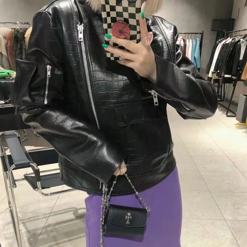 Genuine Leather Jacket Short Length Women Coat Spring Crocodile Sheepskin Letters Decorate Casual Style Clothes Loose | Женская одежда