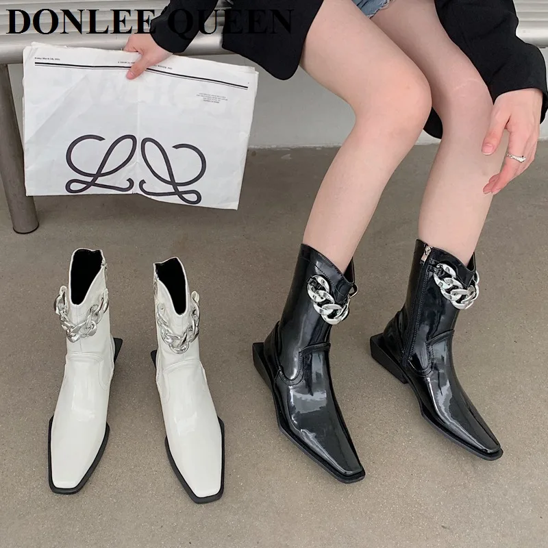 Fashion Metal Chain Design Ankle Boots Women Patent PU Square Toe Low Heels Chelsea Boots Black Booties Winter Shoes Zapatillas
Fashion Metal Chain Design Ankle Boots Women Patent PU Square Toe Low Heels Chelsea Boots Black Booties Winter Shoes Zapatillas