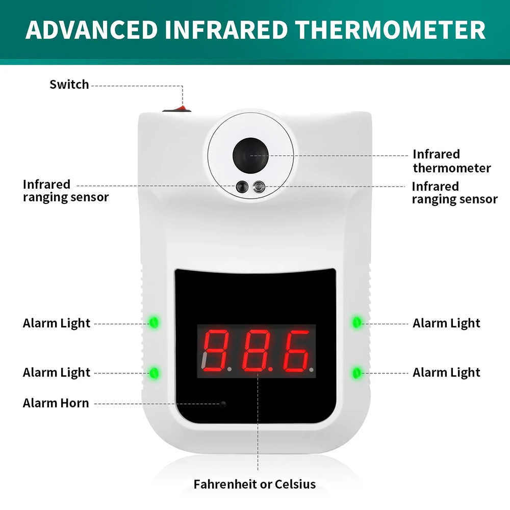 Wall-Mounted K3 Digital Infrared Thermometer Non-Contact Forehead Body Thermometer LCD Display Office Metro Home Use
Wall-Mounted K3 Digital Infrared Thermometer Non-Contact Forehead Body Thermometer LCD Display Office Metro Home Use