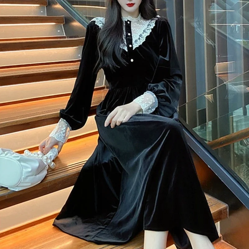 French Lace Up Velvet Dress Women Long Sleeve Black Midi Dress Retro Evening Party One Piece Dress Korean Fahsion 2021 Winter
French Lace Up Velvet Dress Women Long Sleeve Black Midi Dress Retro Evening Party One Piece Dress Korean Fahsion 2021 Winter