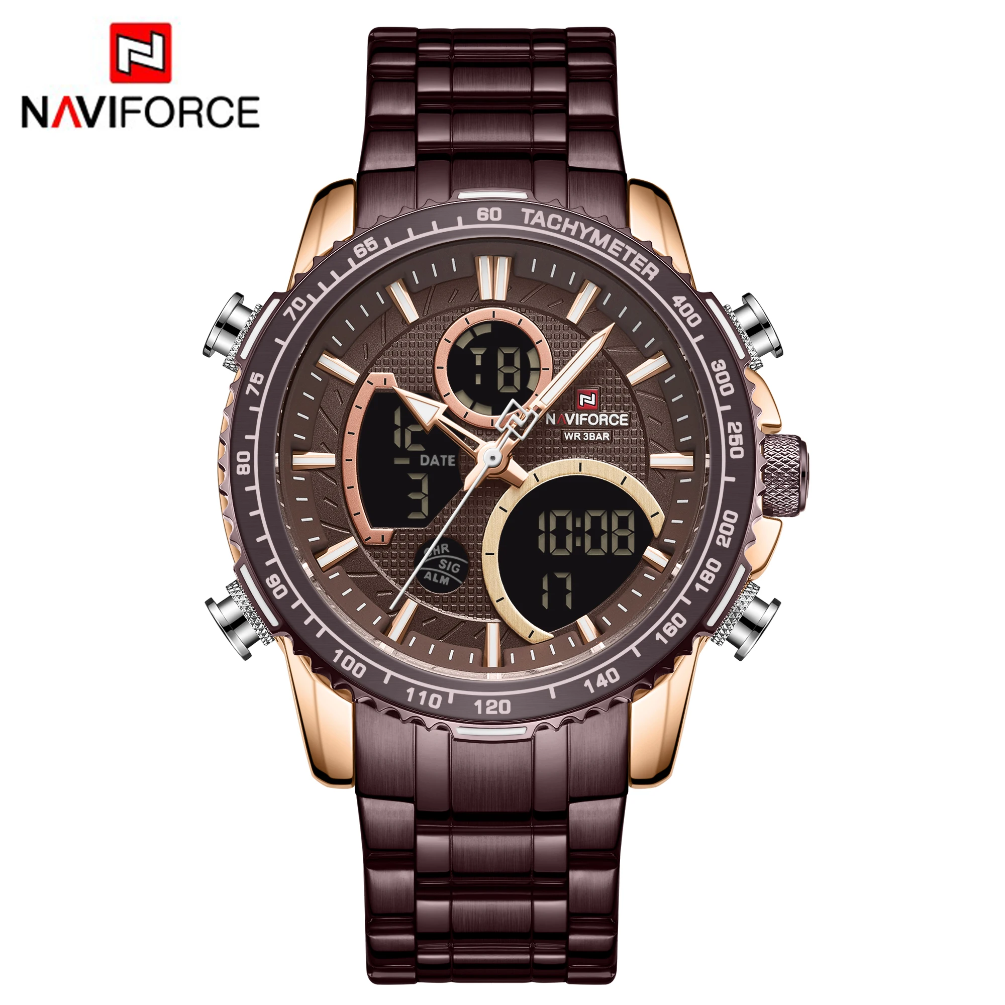 NAVIFORCE мужские часы с двойным дисплеем кофейные спортивные хронографом кварцевые