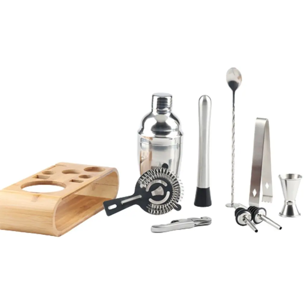10 Piece Set Stainless Steel Cocktail Set Bar Bartending Tool Barware Set Shaker Set with Wooden Rack 
10 Piece Set Stainless Steel Cocktail Set Bar Bartending Tool Barware Set Shaker Set with Wooden Rack