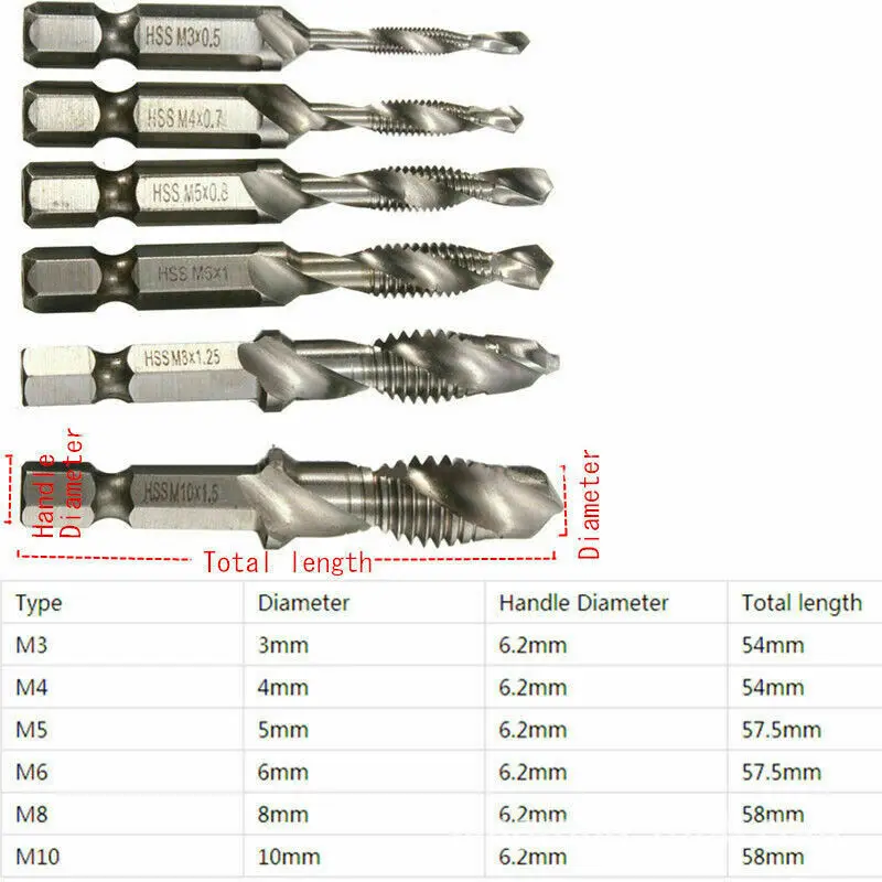 6pcs Metric Thread M3-M10 Titanium Coated High Speed Steel Drill And Tap Bits 1/4 Hex Shank High Quality
6pcs Metric Thread M3-M10 Titanium Coated High Speed Steel Drill And Tap Bits 1/4 Hex Shank High Quality