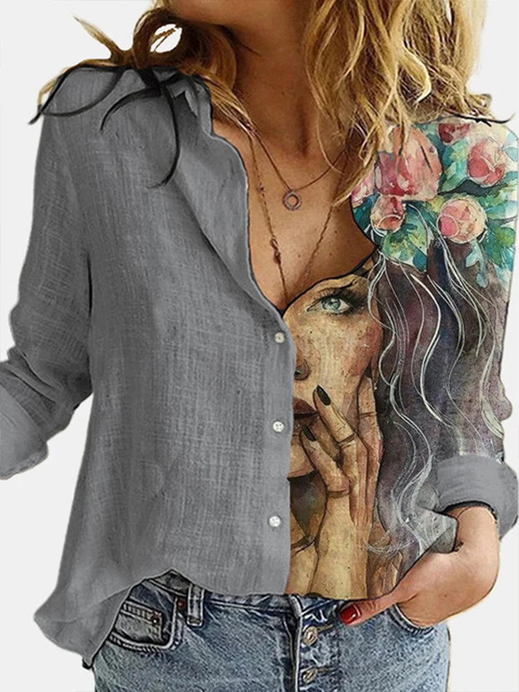 Женская льняная блузка с длинным рукавом Повседневная рубашка отложным