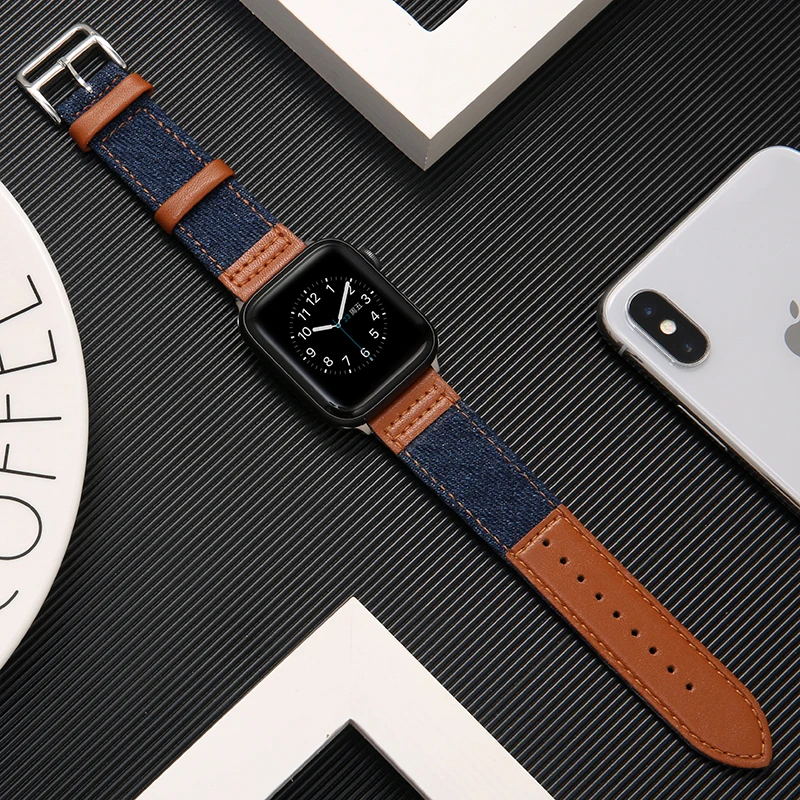 Ремешок из ковбойской ткани и натуральной кожи для apple watch band 42 мм 38 41 45 44 40