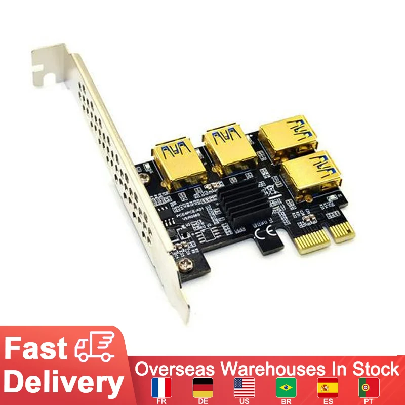 

Gold PCIE PCI-E Riser Card 1 To 4 USB 3.0 Multiplier Hub X16 PCI Express 1X 16X Adapter For Bitcoin ETH Mining Miner Connectors