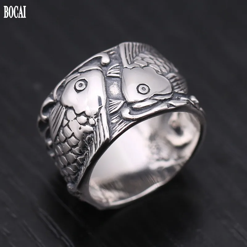 Мужское серебряное кольцо BOCAI настоящее чистое s925 пробы тайское с рыбами