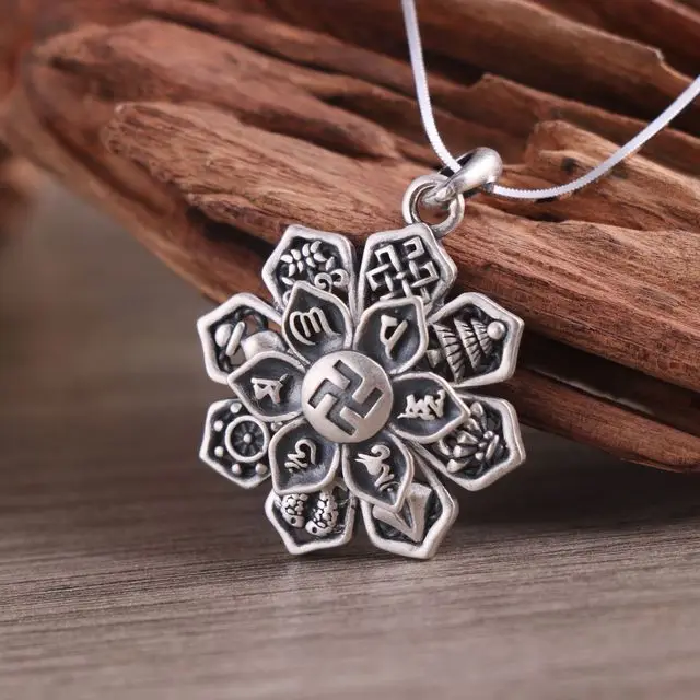 925 Sterling Silver Vintage Ethnic Auspicious Eight Treasures Six-Character Mantra Swastika Fine Pendant Necklace
925 Sterling Silver Vintage Ethnic Auspicious Eight Treasures Six-Character Mantra Swastika Fine Pendant Necklace