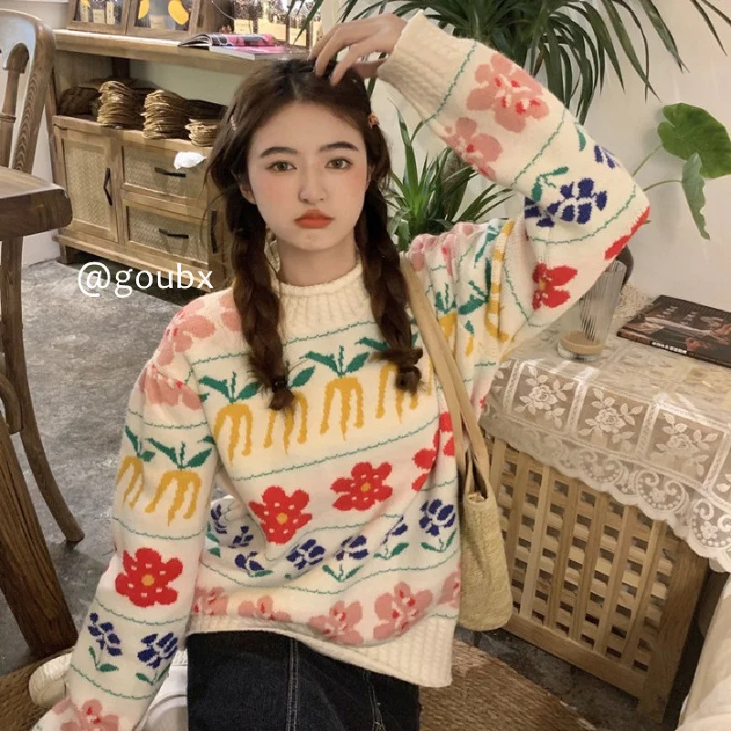 

2021 New Autumn Contrast Color Flowers Print Half Turtleneck Knitted Sweater Women's Korean Style Youthful-looking Loose