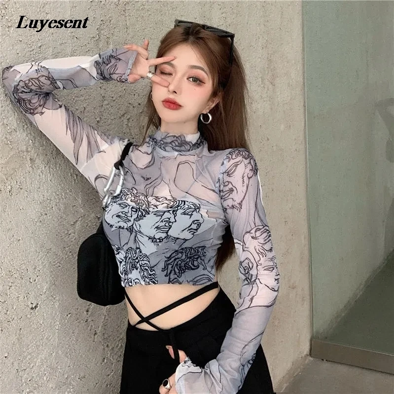 Women Gothic Charater Mesh Thin Short T Shirt 2022 Summer Lady Long Sleeve Stretch Sexy Transparent Streetwear Hip-hop Cool Top
Women Gothic Charater Mesh Thin Short T Shirt 2022 Summer Lady Long Sleeve Stretch Sexy Transparent Streetwear Hip-hop Cool Top