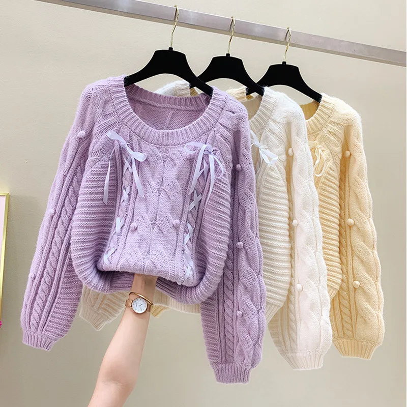 Autumn And Winter Fashion Loose Round Neck Long Sleeve Drawstring Bow Print Patchwork Solid Color Knitted Sweater Twist Women
Autumn And Winter Fashion Loose Round Neck Long Sleeve Drawstring Bow Print Patchwork Solid Color Knitted Sweater Twist Women