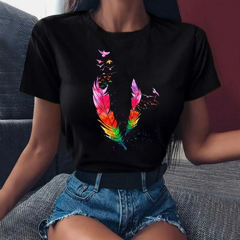 Colorful Feather Bird Print Funny Women T-shirt Short Sleeve Kawaii Tee Black T-shirt Loose Women's Top Female Clothes 33387
Colorful Feather Bird Print Funny Women T-shirt Short Sleeve Kawaii Tee Black T-shirt Loose Women's Top Female Clothes 33387