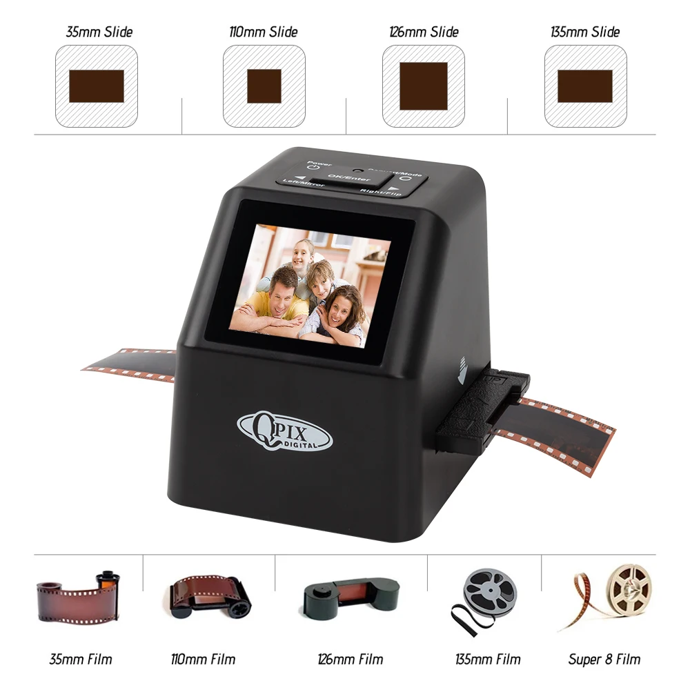 Qpix Film Scanner Converts 135/126/110/Super 8 Negatives & Slides into Digital Photos Built-in Memory with 2.4" LCD Screen
Qpix Film Scanner Converts 135/126/110/Super 8 Negatives & Slides into Digital Photos Built-in Memory with 2.4" LCD Screen