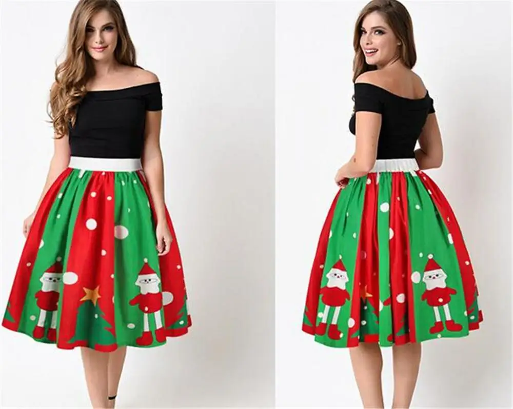 

Lovely Snowman Skirt Hepburn Vintage Skirt Red Santa's Printed Christmas High Waist Mid Length Skirt Street Style Puffy Skirt