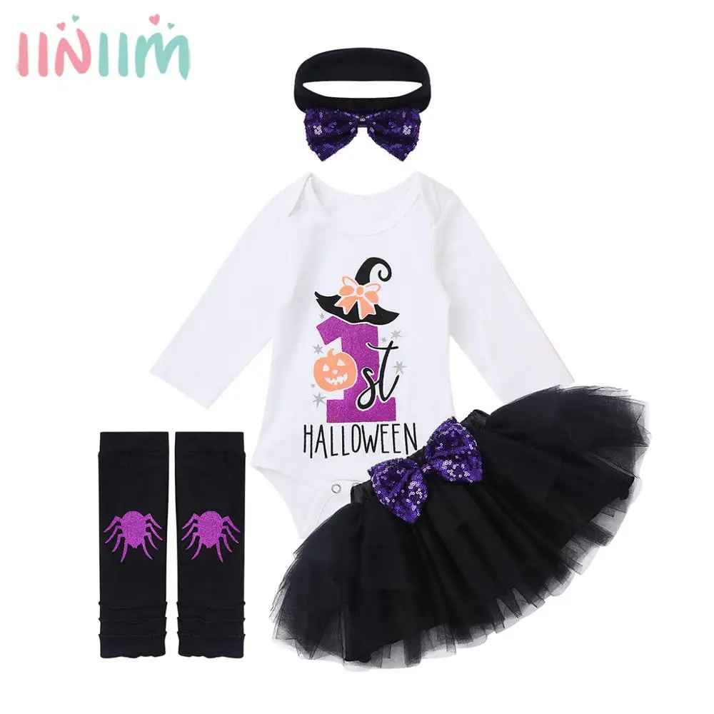 

Infant Baby Girls Outfit Costumes Glittery Letters 1st Halloween Pumpkin Printed Romper with Tutu Skirt Leg Warmers Headband Set