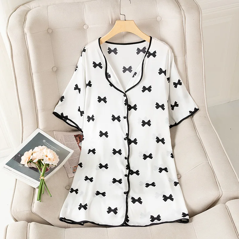 Sexy Women Nightgown Casual Sleepwear Botton-down Nightdress Summer NEW Short Sleeve Satin Cute Print Bow Intimate Lingerie
Sexy Women Nightgown Casual Sleepwear Botton-down Nightdress Summer NEW Short Sleeve Satin Cute Print Bow Intimate Lingerie