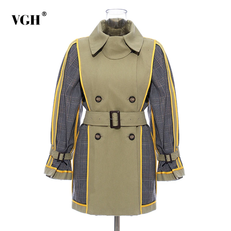 

VGH Patchwork Hit Color Trench For Women Lapel Long Sleeve High Waist With Sashes Plaid Trenches Female Fashion Clothes New Tide