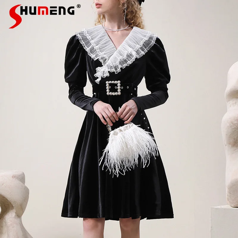 Heavy Beaded Midi Black Velvet Dress for Women Elegant Black Belt Waist Holiday Party Dress 2021 Autumn and Winter Robe Vestidos
Heavy Beaded Midi Black Velvet Dress for Women Elegant Black Belt Waist Holiday Party Dress 2021 Autumn and Winter Robe Vestidos