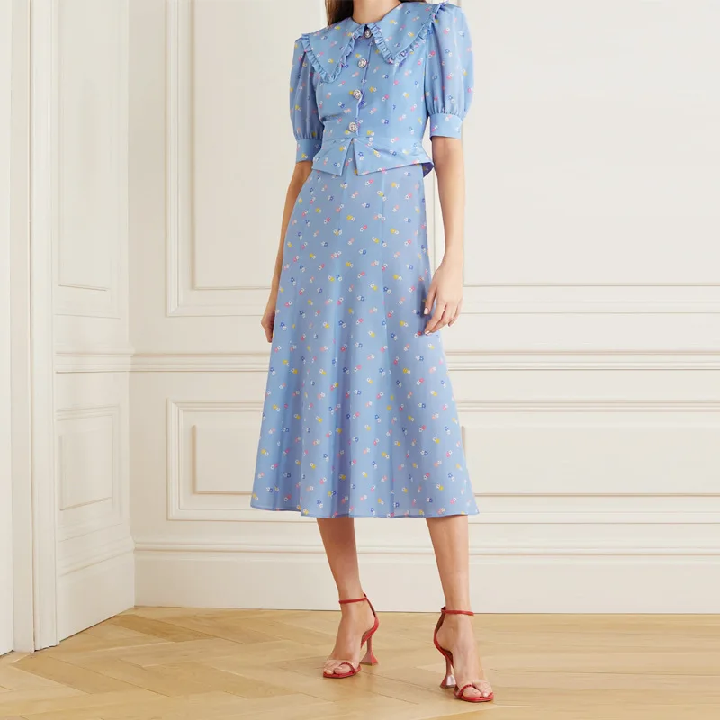 Женское модельное платье с коротким рукавом, повседневные платья миди синего цвета с принтом, лето 2021 
Женское модельное платье с коротким рукавом, повседневные платья миди синего цвета с принтом, лето 2021