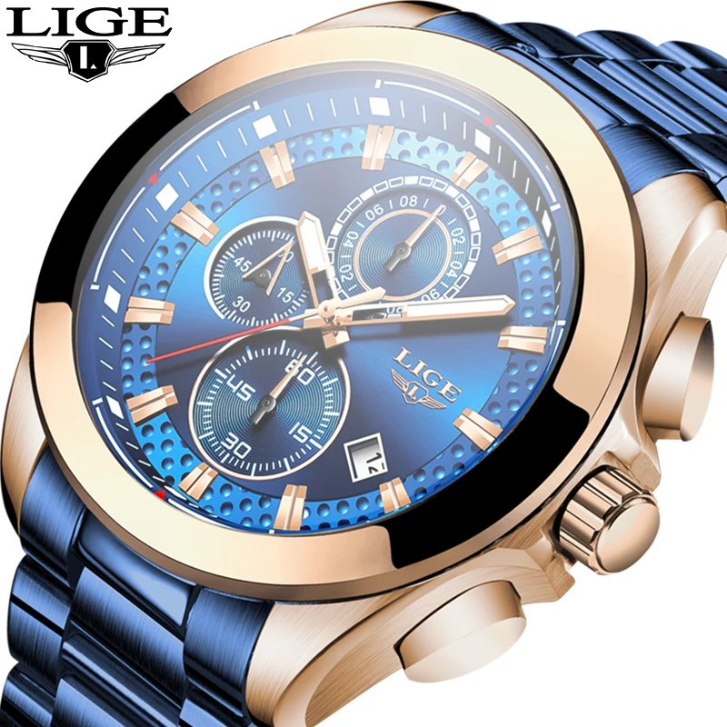 Часы наручные LIGE мужские стальные деловые брендовые Роскошные