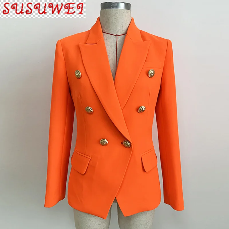 

Женский жакет, оранжевый офисный костюм, приталенный двубортный блейзер с металлическими вставками, Осень-зима 2021