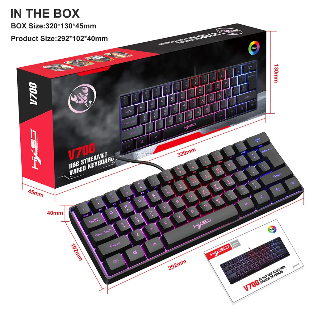 HXSJ V700 клавиатура USB подсветка с подвеской силиконовая 61 клавиша для геймеров