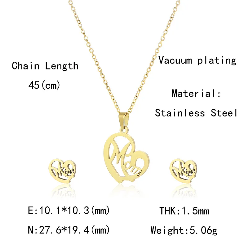 Hot Selling Mom Letter Necklace for Women Stainless Steel Heart Earrings Female Gold Chain Jewelry Set Gift for Mother's Day
Hot Selling Mom Letter Necklace for Women Stainless Steel Heart Earrings Female Gold Chain Jewelry Set Gift for Mother's Day