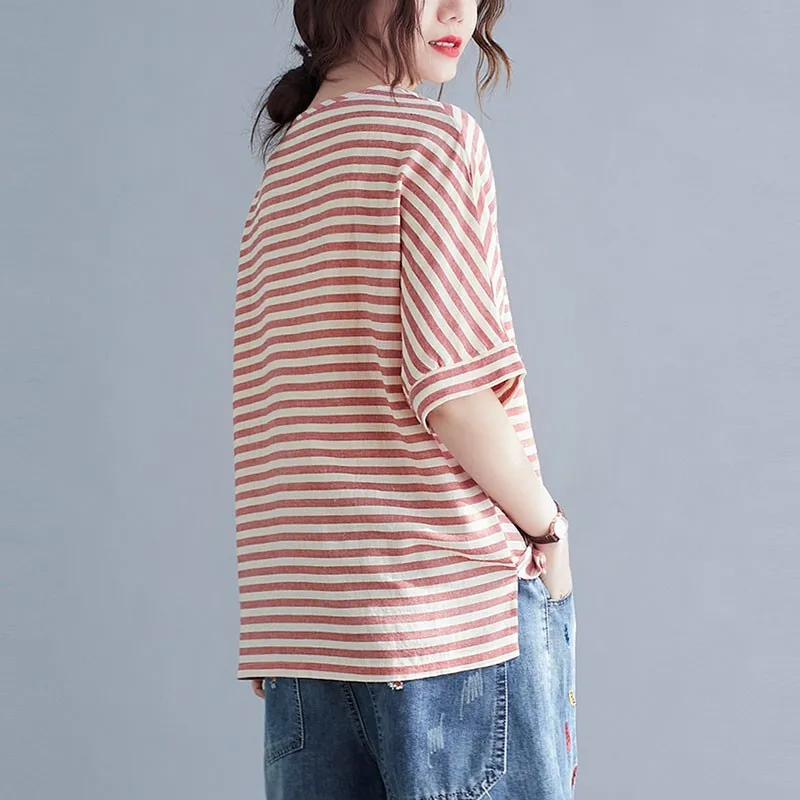 Women Cotton Linen Loose Casual T-shirts New Arrival 2021 Summer Simple Style Vintage Striped Embroidery Female Tops Tees W145 
Women Cotton Linen Loose Casual T-shirts New Arrival 2021 Summer Simple Style Vintage Striped Embroidery Female Tops Tees W145