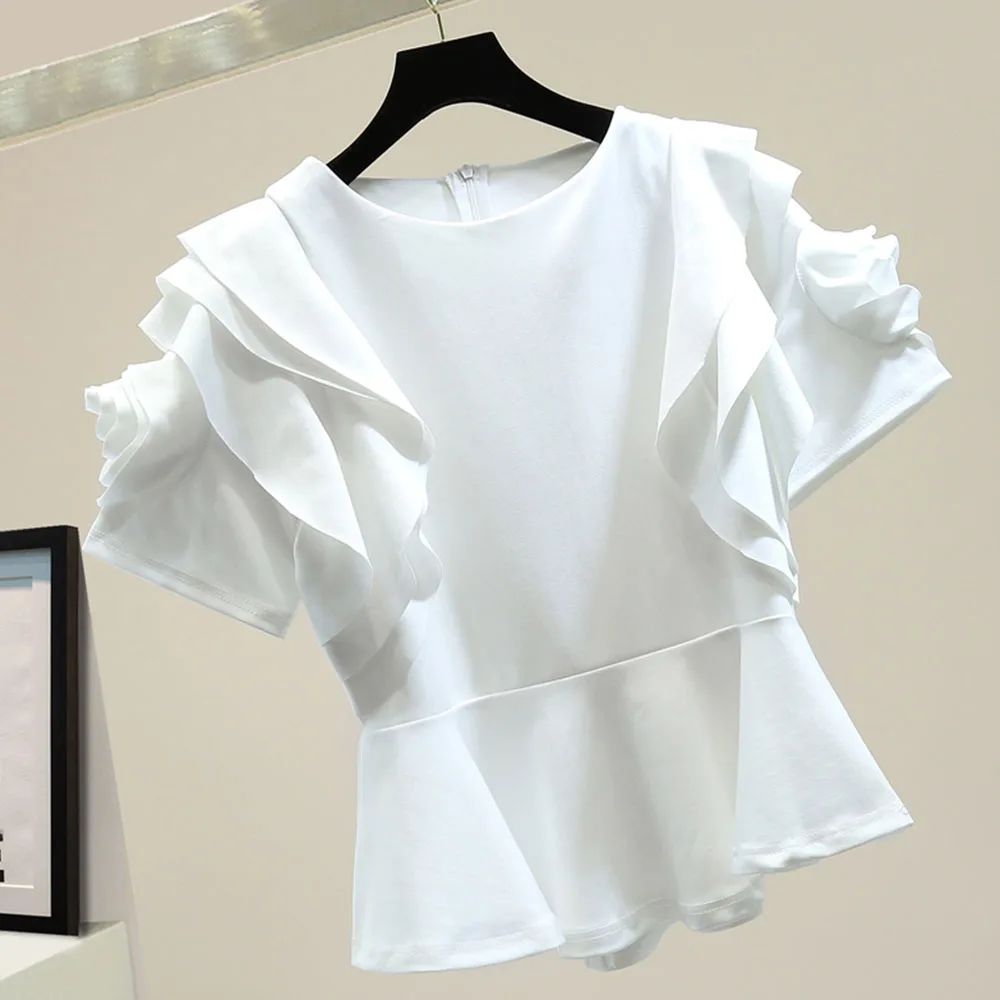 2021 Women T-shirt Fashion Spring Summer New Korean Style Flower Ruffled Round Neck Short-sleeved Female Slim Casual Tops
2021 Women T-shirt Fashion Spring Summer New Korean Style Flower Ruffled Round Neck Short-sleeved Female Slim Casual Tops