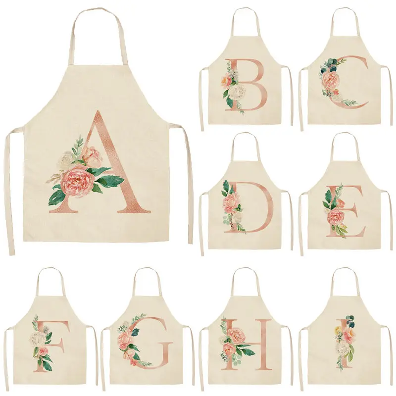 

1Pcs Pink Letter Flower Kitchen Aprons for Women Cotton Linen Bibs Household Cleaning Pinafore Home Cooking Apron 53*65cm 46362