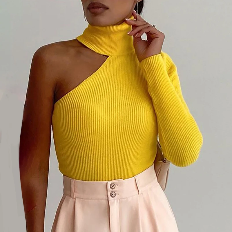 2021 Autumn Woman Fashion Casual High Neck One Shoulder Skinny Knit Top Warm Sweater Daily Wear Yellow Long Sleeve Tops Casual
2021 Autumn Woman Fashion Casual High Neck One Shoulder Skinny Knit Top Warm Sweater Daily Wear Yellow Long Sleeve Tops Casual