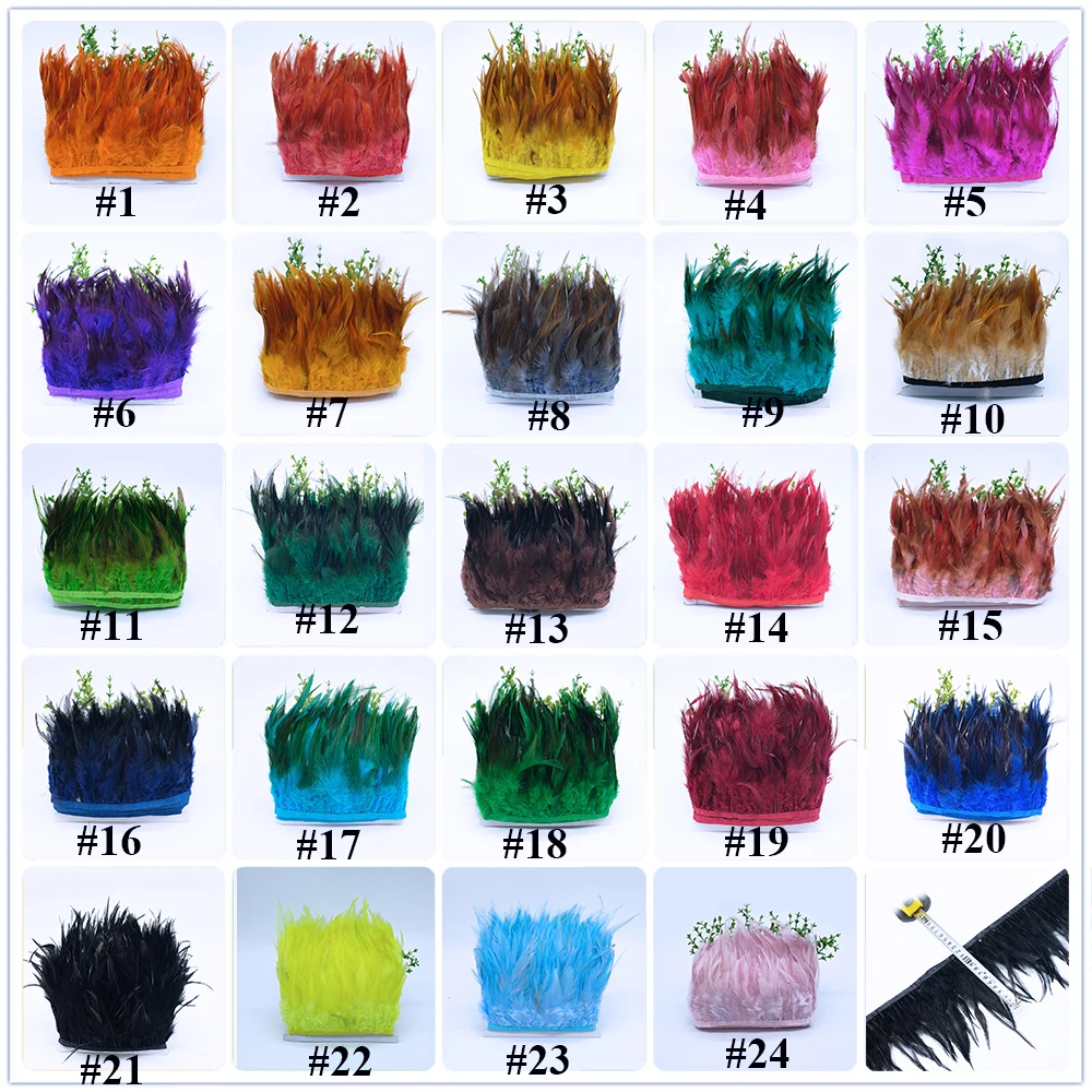 

10 yards Rooster Hackle Feather Trims fringes 10-15cm 4-6inches Saddle Feather Ribbons Chicken Feather trimming For Dress/Skirt