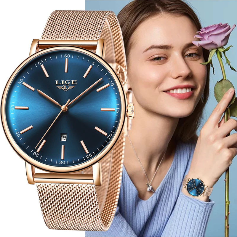 Часы наручные LIGE женские простые Роскошные брендовые цвет розовое золото 2020 |
