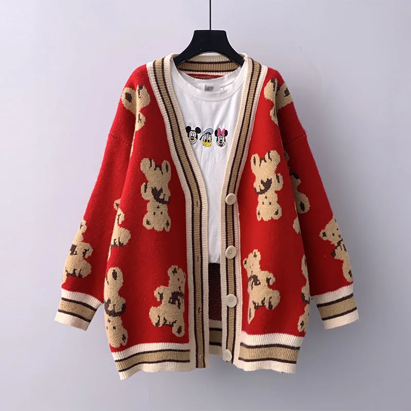 Cartoon Bear knitted pullover V-Neck Sweater women's coat thickened in autumn Korean loose lazy style button knitted cardigan
Cartoon Bear knitted pullover V-Neck Sweater women's coat thickened in autumn Korean loose lazy style button knitted cardigan