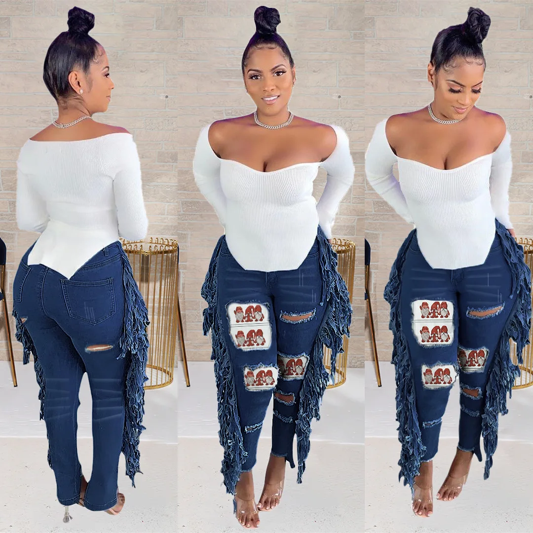 HAOOHU winter women's ripped jeans pants Santa Claus patchwork fashion trends high waist tight stretch hole tassel denim pants
HAOOHU winter women's ripped jeans pants Santa Claus patchwork fashion trends high waist tight stretch hole tassel denim pants