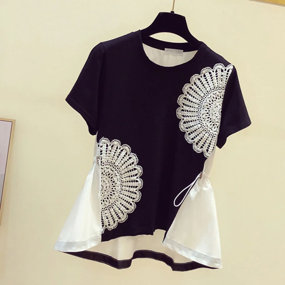 T-Shirt Lace Bead Stitching Contrast Color Drawstring Waist Female 2021 Summer New Heavy Industry Design Sense Temperament Top
T-Shirt Lace Bead Stitching Contrast Color Drawstring Waist Female 2021 Summer New Heavy Industry Design Sense Temperament Top