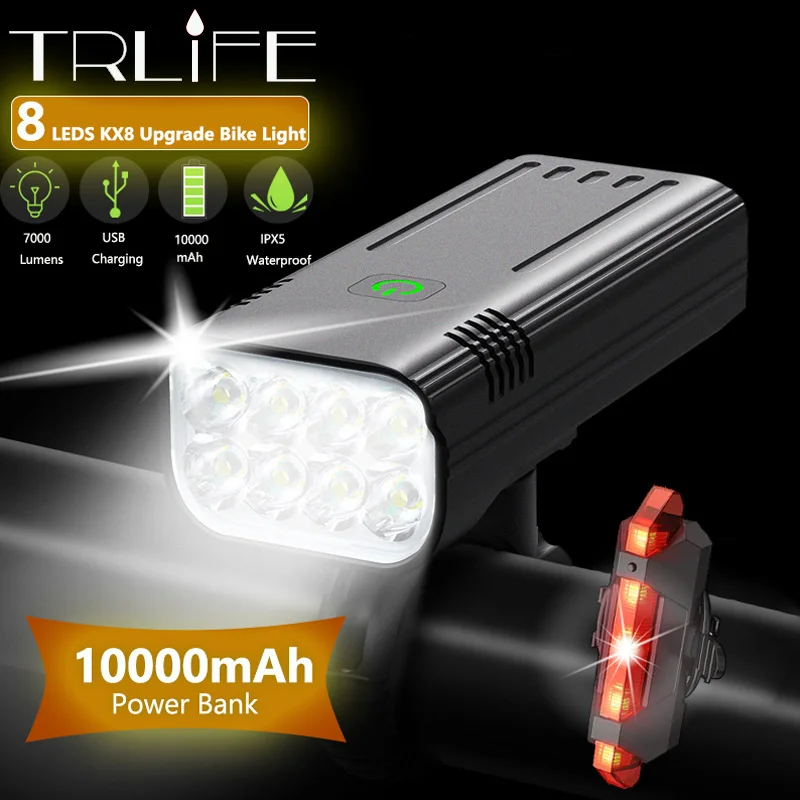 TRLIFE 10000mAh 8 LED Bike Light Waterproof USB Rechargeable LED Bicycle Light 7000 Lumens Flashlight and Headlamp as power Bank
TRLIFE 10000mAh 8 LED Bike Light Waterproof USB Rechargeable LED Bicycle Light 7000 Lumens Flashlight and Headlamp as power Bank