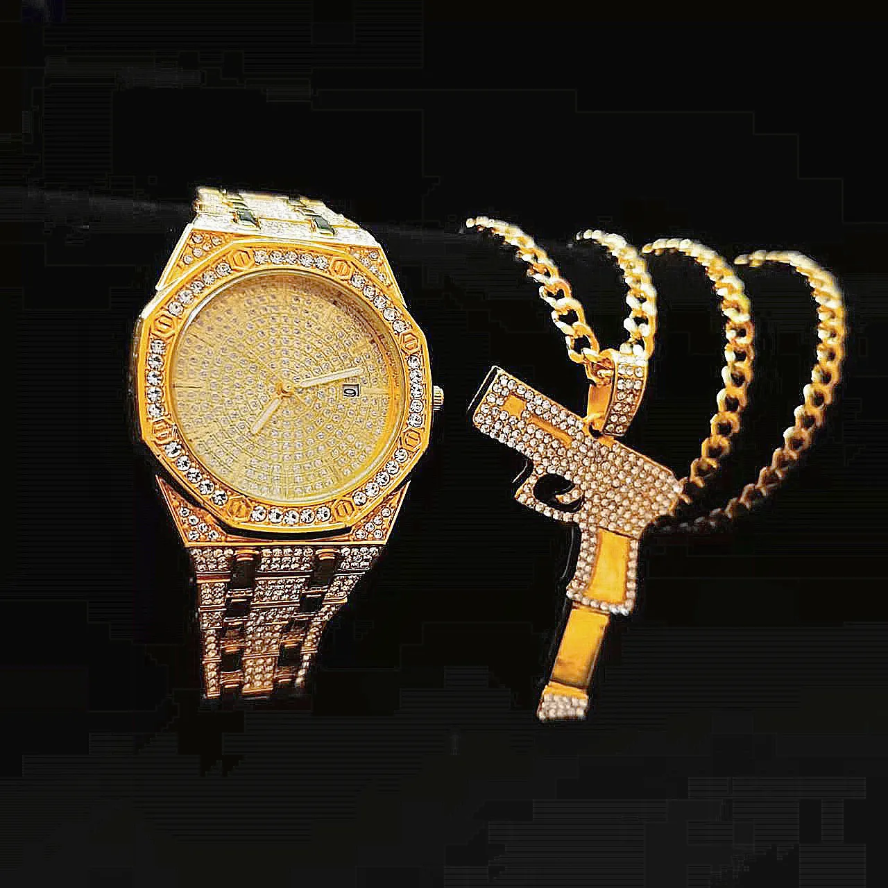Iced Out Watch with Necklace for Men Luxury Diamond Gold Watch Men Bling Hip Hop Handgun Shooter Pendant Chains Fashion Jewelry
Iced Out Watch with Necklace for Men Luxury Diamond Gold Watch Men Bling Hip Hop Handgun Shooter Pendant Chains Fashion Jewelry