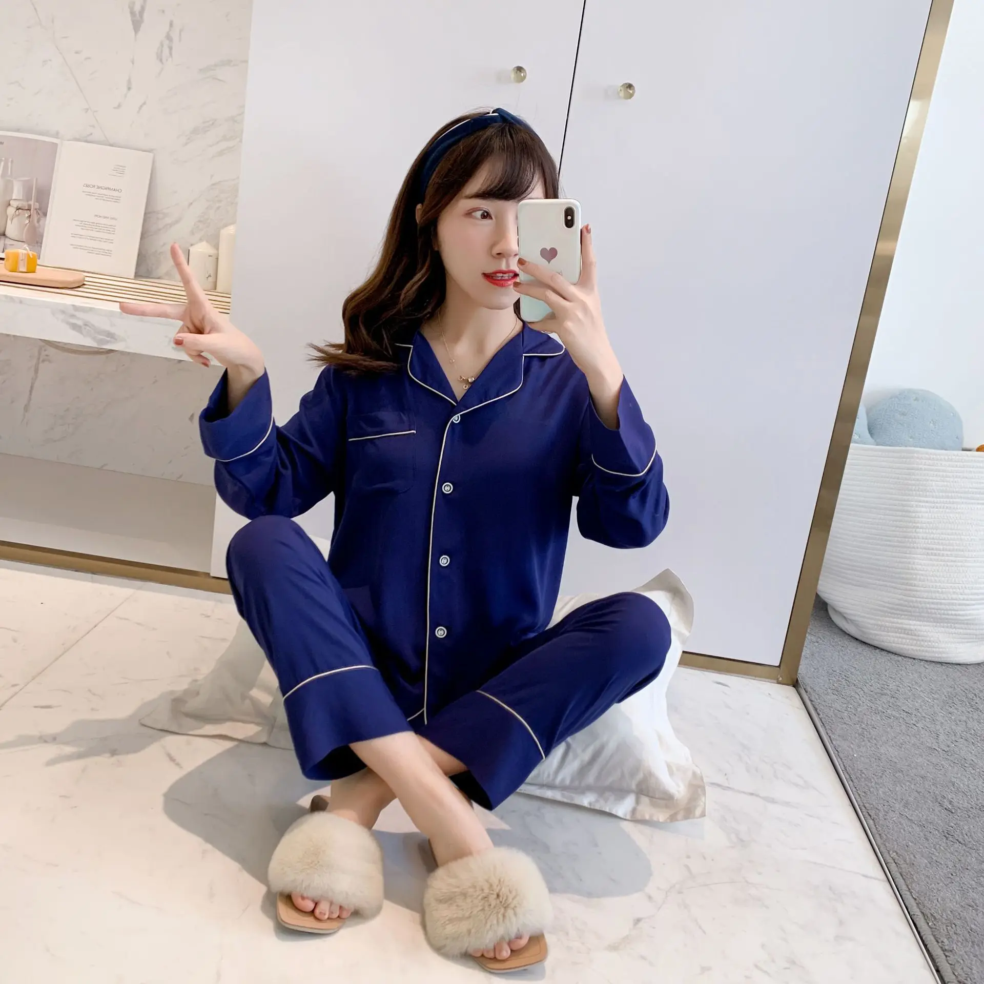 Navy Blue Cotton 2PCS Pajamas Suit Novelty Home Clothing Intimate Lingerie Spring Autumn New Nightwear Sleep Set Pyjamas 
Navy Blue Cotton 2PCS Pajamas Suit Novelty Home Clothing Intimate Lingerie Spring Autumn New Nightwear Sleep Set Pyjamas