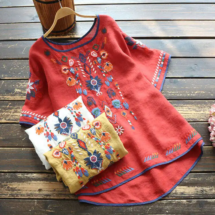 New Summer Women's Clothes Ethnic Embroidery Loose Embroidered Short Sleeve T-shirt O-Neck Ramie T-shirt Top
New Summer Women's Clothes Ethnic Embroidery Loose Embroidered Short Sleeve T-shirt O-Neck Ramie T-shirt Top