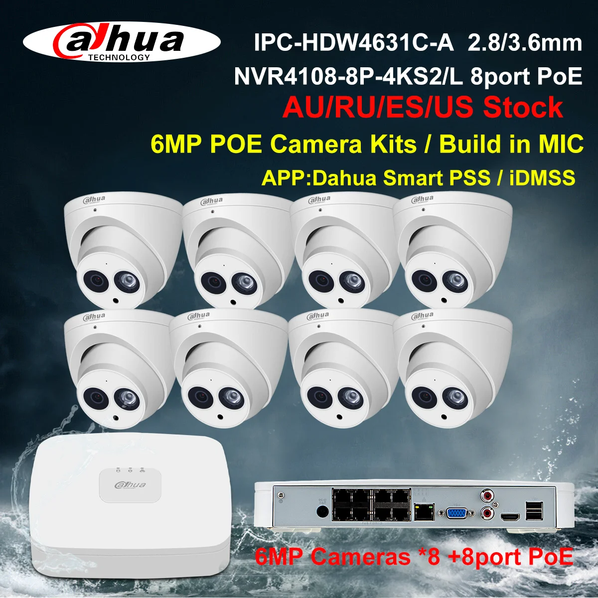 

Dahua Security Camera System 6MP PoE CCTV Kit IPC-HDW4631C-A NVR4108-8P-4KS2 8CH NVR Recorder 4/8pcs IP Camera Build in Mic